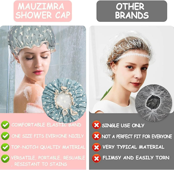 Double Layer Shower Cap for Women Waterproof Reusable Elastic Band, Ruffled Edges Covering Ears for Long, Short & Curly Hair (Blue Bird)