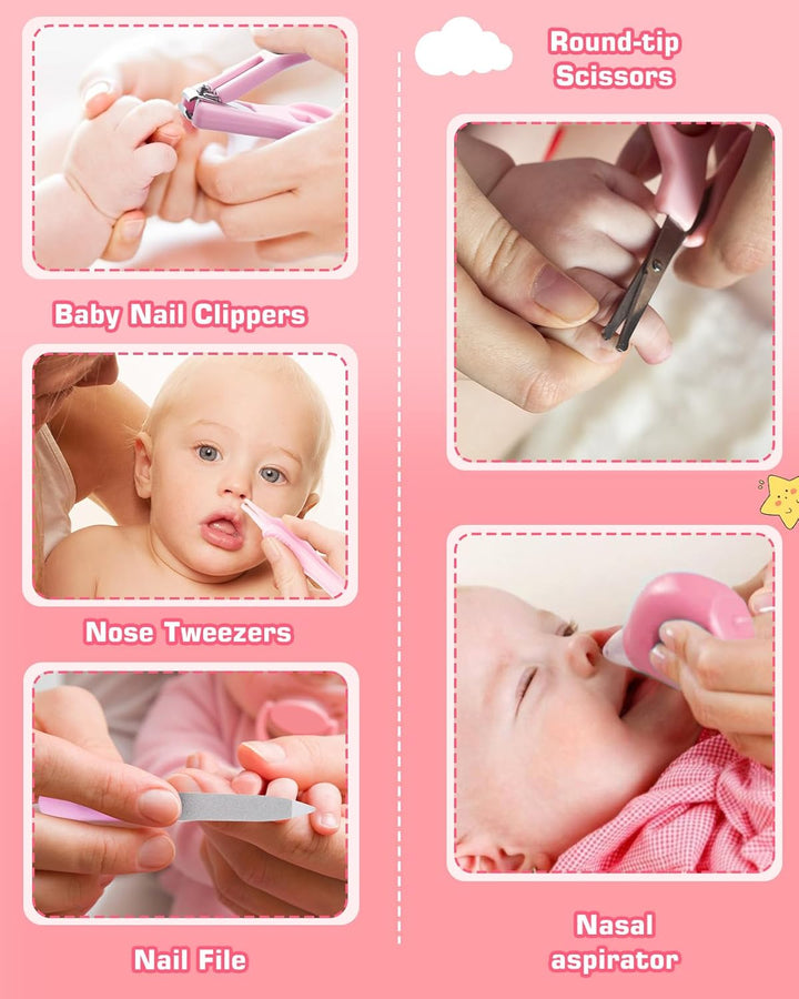 12Pcs Baby Healthcare and Grooming Kit, Newborn Essentials Stuff, Baby Safety Health Nursery Care Set with Nail Files Clippers, Hair Brush, Comb and More for New Born Infant Toddlers Boys Girls - Pink