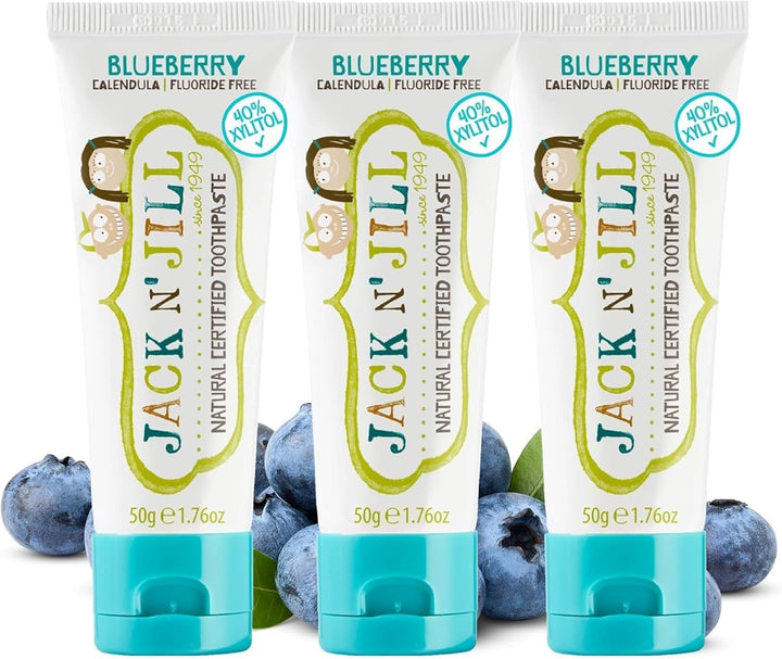 Jack N’ Jill Natural Certified Kids Toothpaste – Fluoride-Free Toddler & Baby Toothpaste with 40% Xylitol, No Sugar, Suitable from 6 Months+, Banana & Strawberry Flavour, Pack of 2 (50G Each)