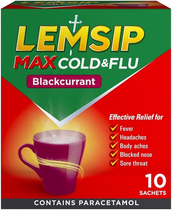 Max Cold and Flu Sachets, Blackcurrant, 10 Total, Paracetamol, Cold and Flu, Headache, Blocked Nose Relief, Sore Throat, Reduces Fever, Pain Relief, Full Relief, Cold and Flu, Medication
