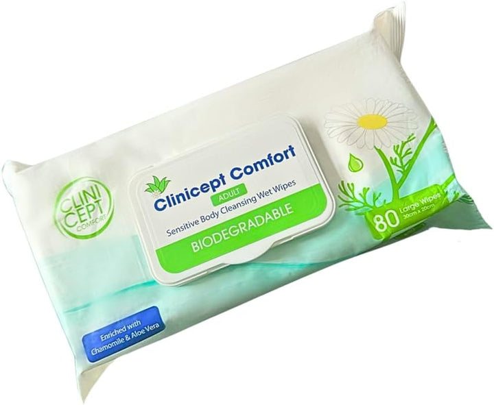 Comfort Biodegradable Sensitive Premium Full Body Adult Cleansing Wet Wipes Large Refreshing Rinse Free Fragrance-Free Bed Bath Intimate Care Soft Sheets. Used by NHS - 80 Wipes
