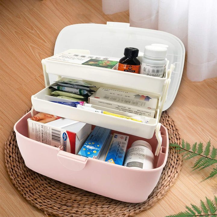 Medicine Box,First Aid Box,Portable Medicine Chest Storage,Organizer Box,Fold 3-Layer Large Medicine Cabinet,Storage Case for Home,Outdoor, Pink 30X19X16 Cm