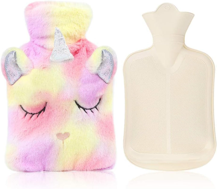 Hot Water Bottle with Cover,Removeable & Washable Soft Unicorn Bottle Cover,Natural Rubber 1 L (Yellow)