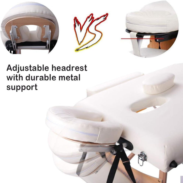 Portable Massage Bed Table - 3-Section Foldable Beauty Couch for Reiki Therapy Treatment Salon Healing - Metal Headrest Support/Carry Bag (Beige White)