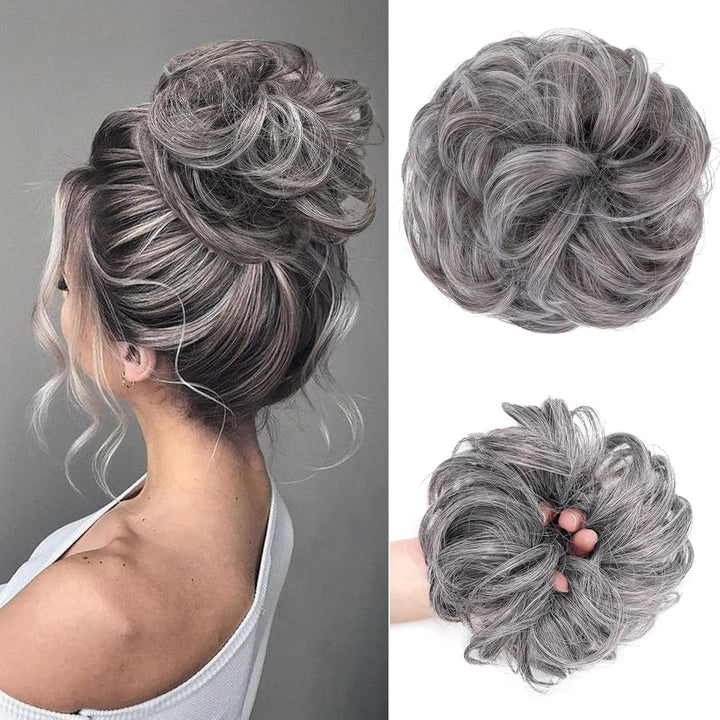 Messy Bun Hair Piece, Wavy Curly Messy Bun Scrunchie, Thick Tousled Hair Pieces for Women Girl(Black）