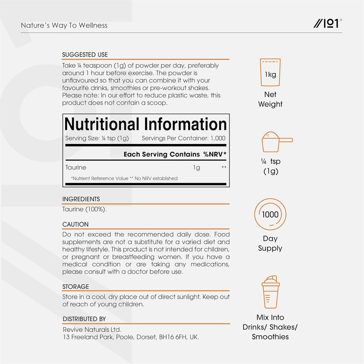 Taurine Powder 1Kg – Fermented L-Taurine Amino Acid Powder – Suitable for Vegans – Resealable and Recyclable Pouch by