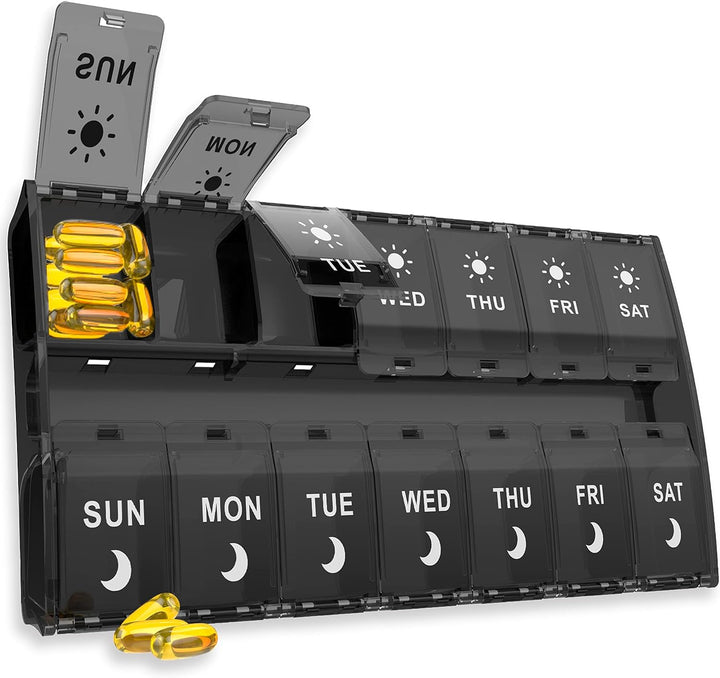 7 Day Pill Organiser 2 Times a Day, Weekly Pill Box Push Button 2 in 1 Design, Large Tablet Box for Travel, BPA Free Daily Pill Case, Pill Boxes 14 Day for Vitamin/Fish Oil/Supplements/Medication
