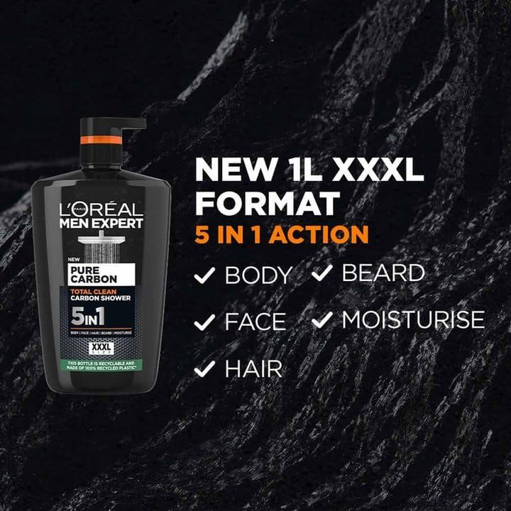 L'Oréal Men Expert Hydra Energetic Carbon 5-In-1 Shower Gel for Men - Ultimate All-In-One Body, Face, Hair, Shave & Moisturizer Wash, Magnet-Like Cleansing for Deep Clean & Fresh Feel, XXL 1L