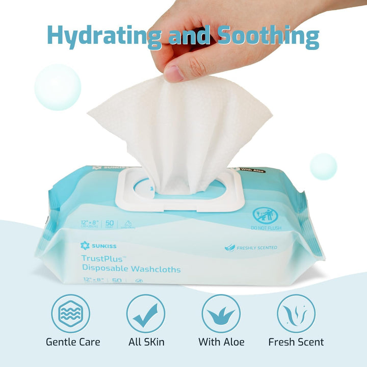 Trustplus Wet Wipes for Adult, Extra Thick 20 X 30 Cm Body Cleaning Wipes with Aloe for Incontinence & Cleansing, Fresh Scent, 50 Count
