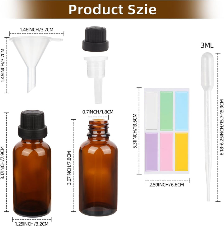 6Pcs 30Ml Amber Glass Essential Oil Bottle with Screw Caps,Empty Refillable Travel Liquid Sample Vial for Perfumes Aromatherapy with Funnel,3Ml Plastic Dropper and 6 Label