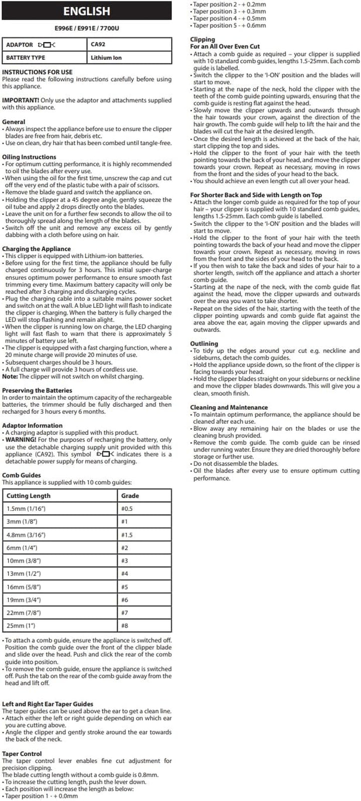 Super-X Metal Series, Cordless Hair Clipper - Japanese Steel Blades, 10 Comb Attachments, 2 Tapered Guides, Lithium Battery, Digital Display, Metal Body, Black, 7700U