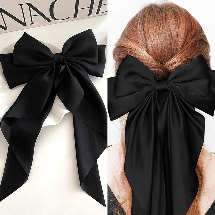 2 PCS Big Bow Hair Clips with Long Silky Satin, Solid Color French Barrette Simple Hair Fastener Accessories for Women Girls