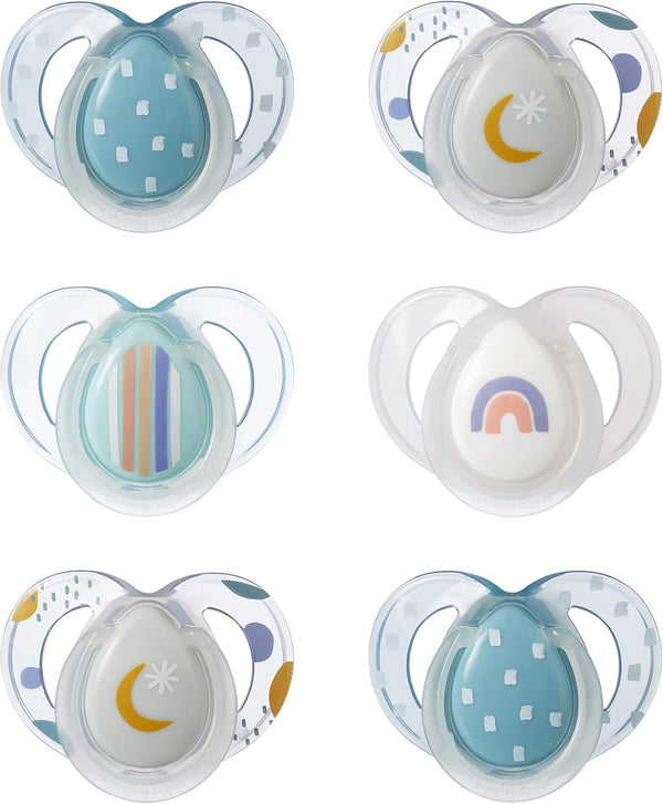 Nighttime Soothers, 6-18M, 6 Pack, Glow in the Dark, Varied Colours and Designs, Symmetrical Orthodontic Dummy, Bpa-Free Silicone Teat