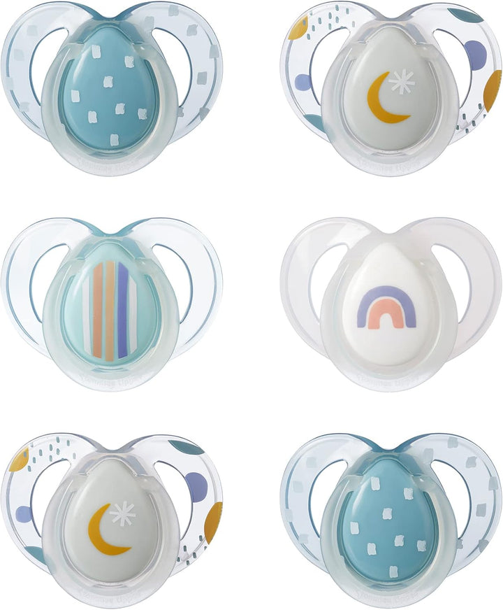 Nighttime Soothers, 6-18M, 6 Pack, Glow in the Dark, Varied Colours and Designs, Symmetrical Orthodontic Dummy, Bpa-Free Silicone Teat
