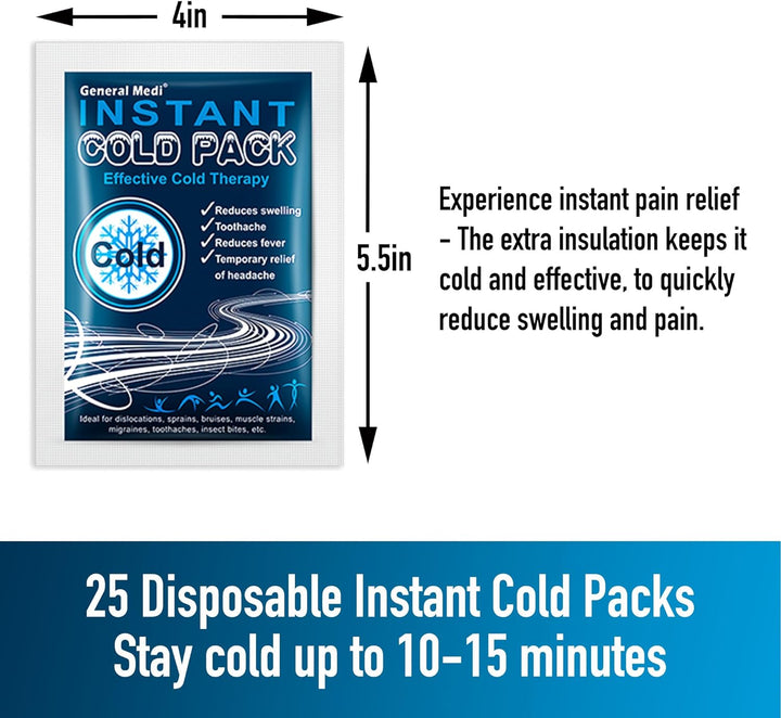 Instant Cold Pack (10X14Cm) – Set of 25 Disposable Cold Therapy Packs for Pain Relief, Swelling, Inflammation, Sprains, Strained Muscles, Toothache – for Athletes & Outdoor Activities