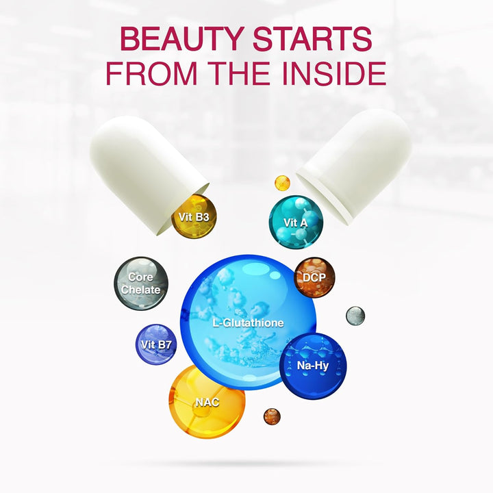 6In1 Beauty Elixir with L-Glutathione 510Mg, NAC 102Mg, Hyaluronic Acid 150Mg Glutathione Supplement with 4X Absorption - Immune and Liver Support, Powerful Antioxidant for Skin - 60 Capsules