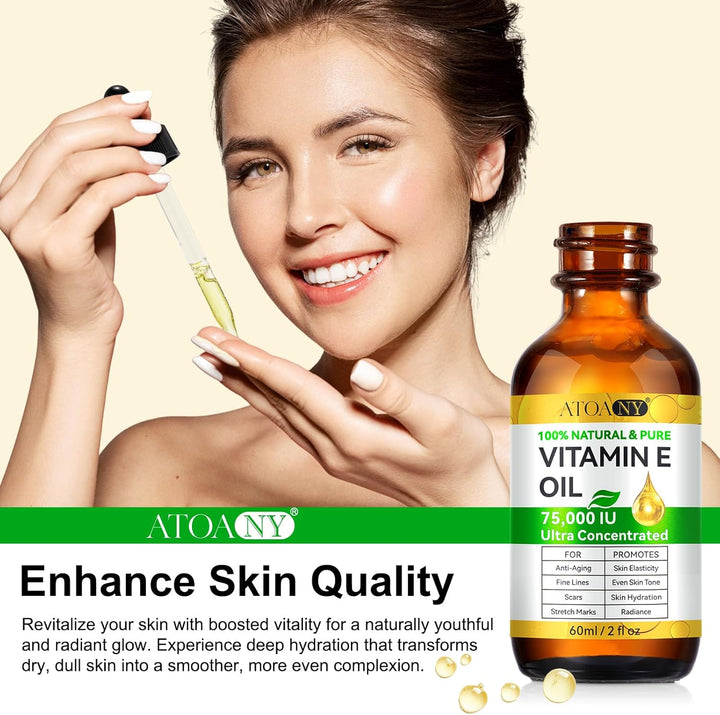Vitamin E Oil 75,000 IU 60 Ml- 100% Organic Pure Vitamin E Oil for Skin, Face, Hair, Body - Natural Antioxidant for Dryness, Wrinkles, Scars & Stretch Marks, Moisturizing and Firming Skin
