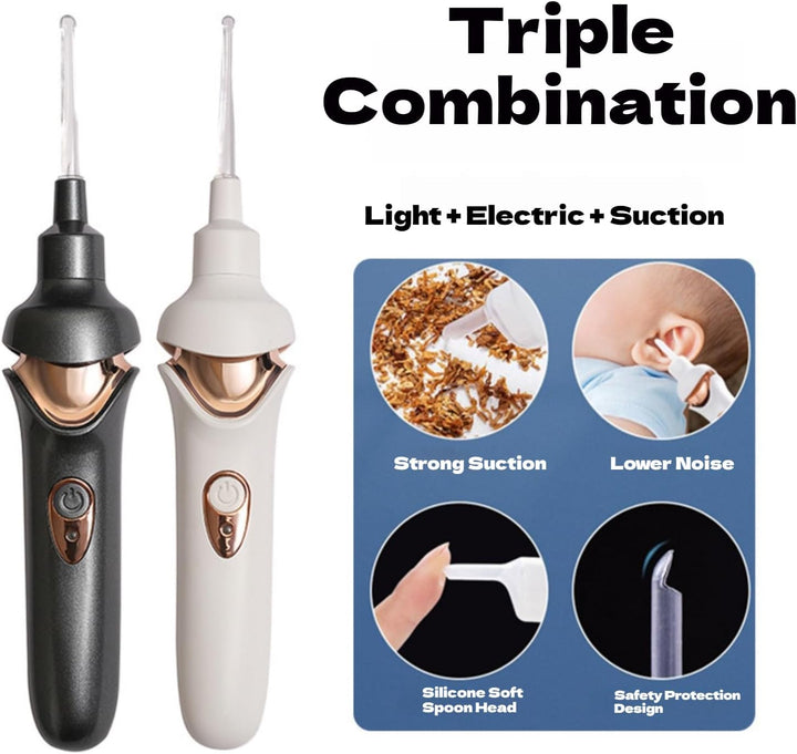 Vacuum Ear Wax Remover Suction, Ear Wax Cleaner, Electric Ear Suction Device with Led Light for Ear Wax Removal, Soft Prevent Ear-Pick Clean Tools Set (White)