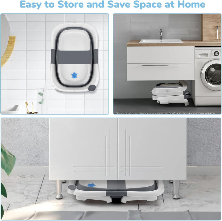 Baby Bath Tub for 0-6-12 Months Newborn, Foldable Toddler Bath with Soft Cushion Pad, Portable Baby Bathtub Travel save Space (Grey)