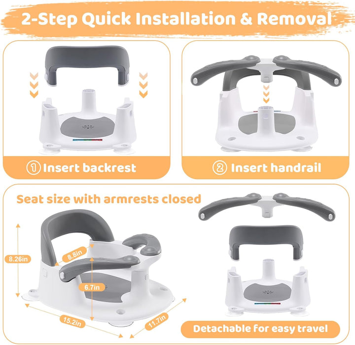 Baby Bath Seat 6 Months Plus,Sit up Bath Seat with Temperature Alert,Baby Bath Chair for Babies 6 Months+,Baby Bath Support Toddler Bath Tub Seat with Open Backrest+4 Suction Cup Grey