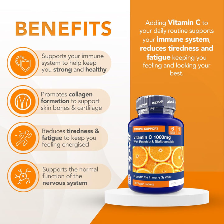 Vitamin C 1000Mg, 180 High Strength Vitamin C Tablets with Rosehip & Bioflavonoids, Vegan VIT C Supplement, Supports the Immune System and Reduction of Tiredness and Fatigue