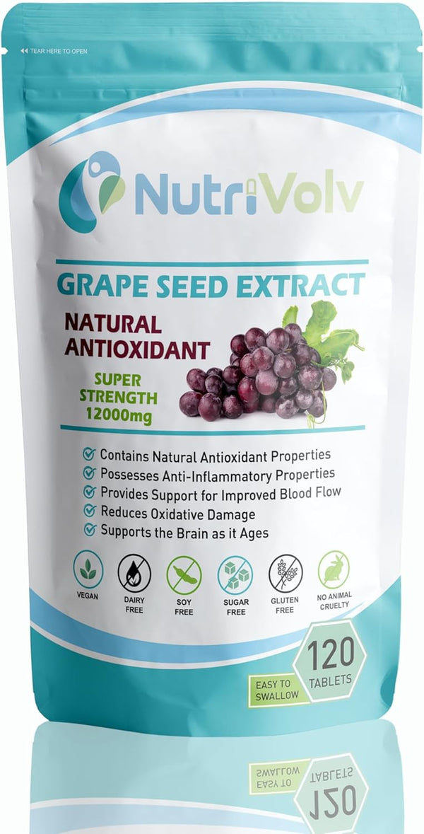 Grape Seed 12000Mg | 120 Tablets | Skin Heart Blood Health Natural Antioxidant | 95% OPC (Oligomeric Proanthocyanidins) | Contains Polyphenols | Vision & Vascular Health