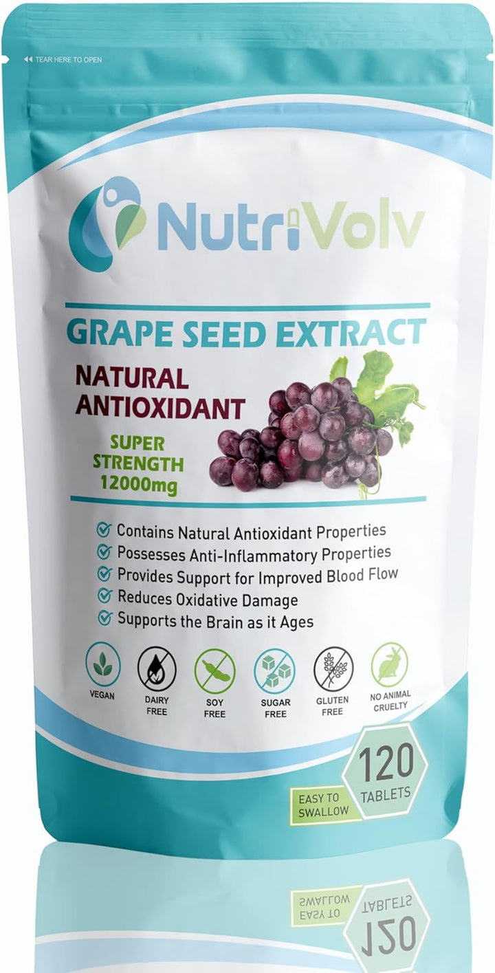 Grape Seed 12000Mg | 120 Tablets | Skin Heart Blood Health Natural Antioxidant | 95% OPC (Oligomeric Proanthocyanidins) | Contains Polyphenols | Vision & Vascular Health