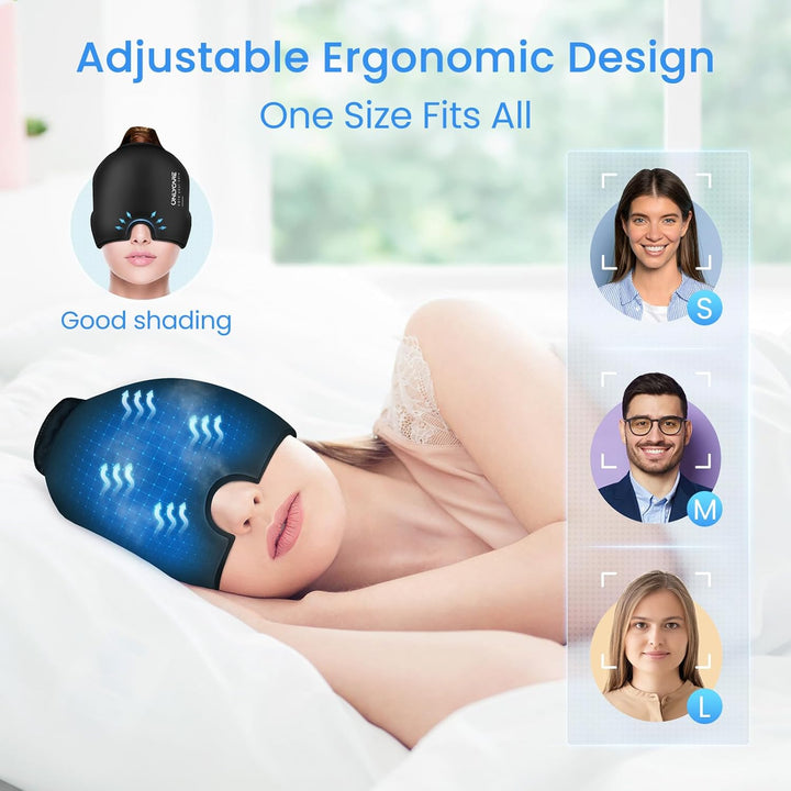 Migraine Relief Cap, Upgraded Odorless Headache Relief Cap, 360° Gel Surround Ice Pack Mask for Migraine, Sinus, Stress, Frontal Headaches (Black)