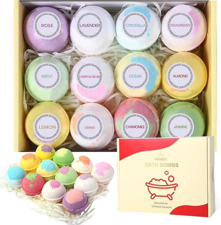 Bath Bombs, Gift Set Rich in Essential Oils Natural Handmade Bath&Spa Fizzles Marvelous Salts to Moisturize Skin and Relieve Stress Romantic Gifts for Her/Him/Girlfriend/Wife (Pack of 12)