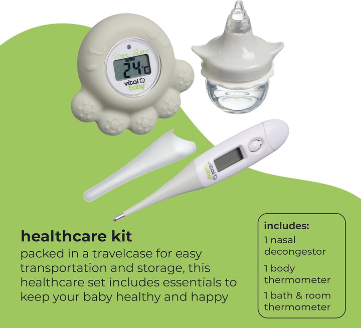 PROTECT Healthcare Kit for Baby - 3Pcs Room and Bath Thermometer, Nasal Aspirator, Body Digital Thermometer – Essential Newborn Baby Health and Safety