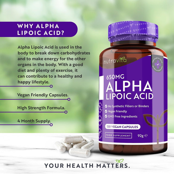 Alpha Lipoic Acid 650Mg – 120 High Strength ALA Vegan Friendly Capsules – 4 Month Supply – Alpha-Lipoic Acid – No Synthetic Binders or Fillers – Made in the UK by