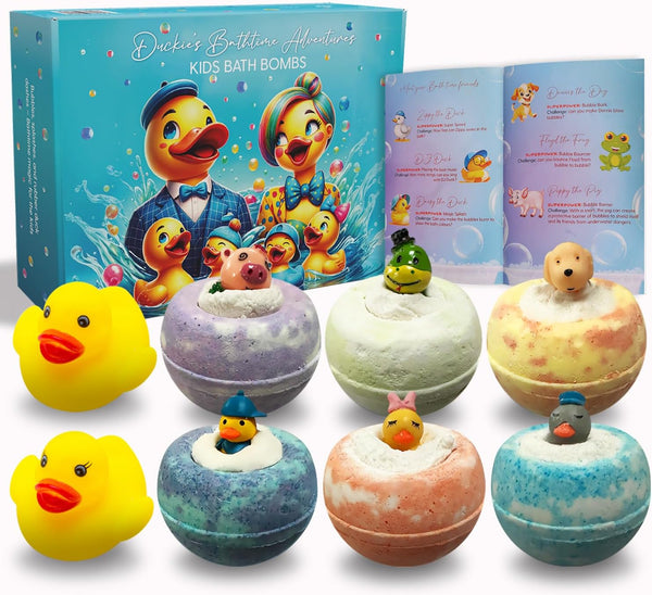 6Pcs Kids Bath Bombs Set with 6 Toys & 2 Rubber Ducks – Fun Bath Bombs for Kids with Surprise Toys inside & 6 Bathtime Stories – Safe for Sensitive Skin & Birthday Gift for Boys & Girls
