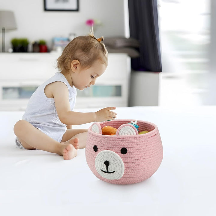 Cotton Rope Baby Basket, Baby Gift Basket Nursery Laundry Organizer with Cute Bear Design for Storage Infant Newborn Essentials, Diaper Caddy with Handle (Pink)