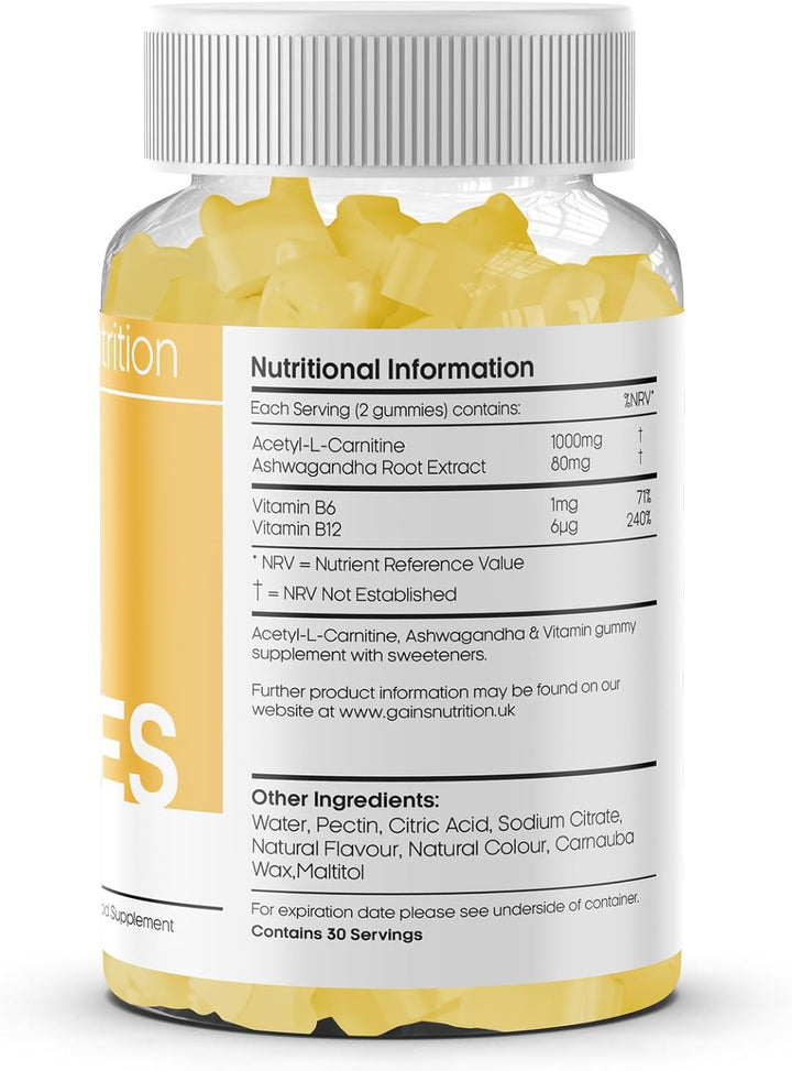 GN Acetyl L Carnitine Gummies | 60 L-Carnitine Gummies for Men & Women - 1000Mg Acetyl-L-Carnitine per Serving with Ashwagandha, Vitamins B6, B12 | Mango Flavour, Non-Gmo & Suitable for Vegans