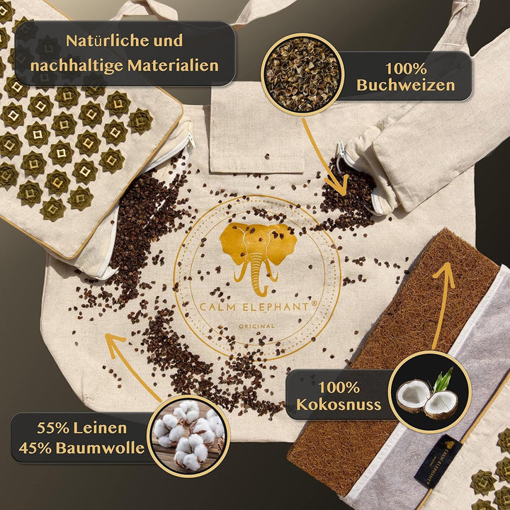 Genuine XXL Acupressure Mat 5-Piece Set with Ergonomic Pillow, Lumbar Pillow, Foot Mat, Bag – Relieves Back, Neck & Shoulders, Reduces Stress, Meditation - Beige