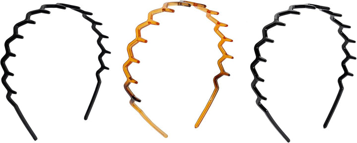 Zig-Zag Headband 3-Pack – Retro-Modern Hair Accessory (Shiny Black, Matte Black, Tortoise) – Durable, Comfortable Grip