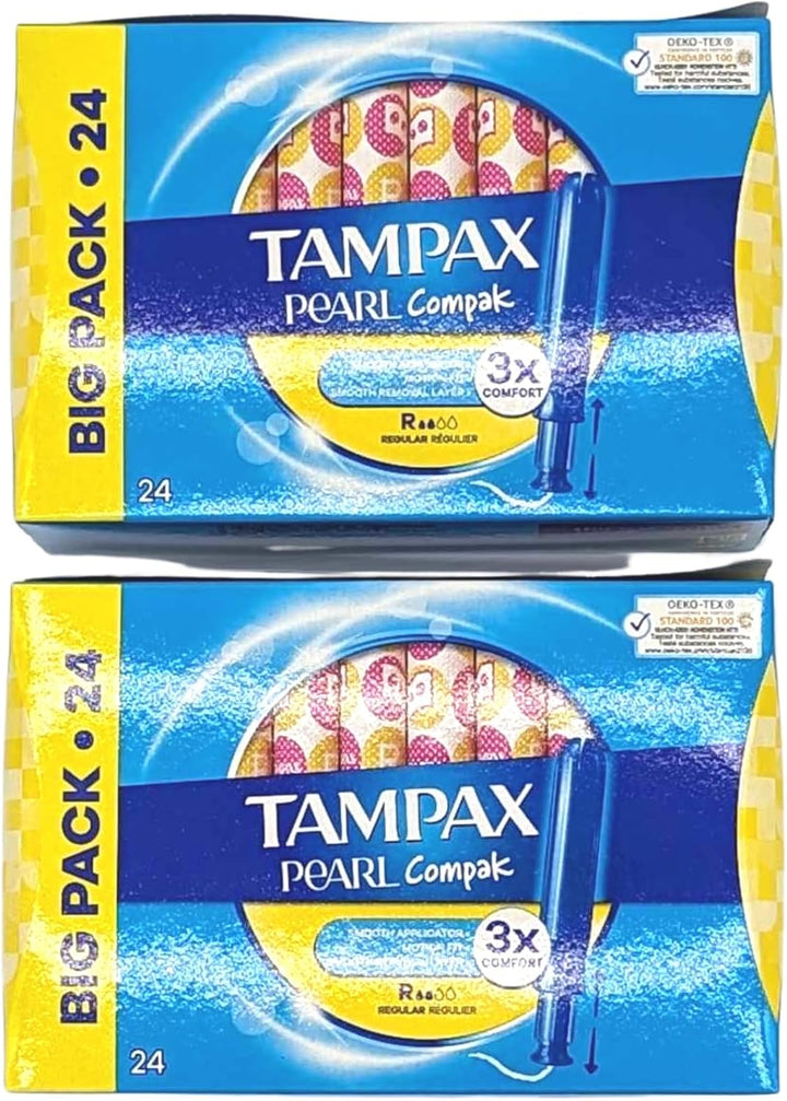 Tampons Multipack Bundle with 2X Tampax Compak Pearl Regular Tampons Applicator 24 Count - 48 Total Count - Comfort, Protection and Discretion