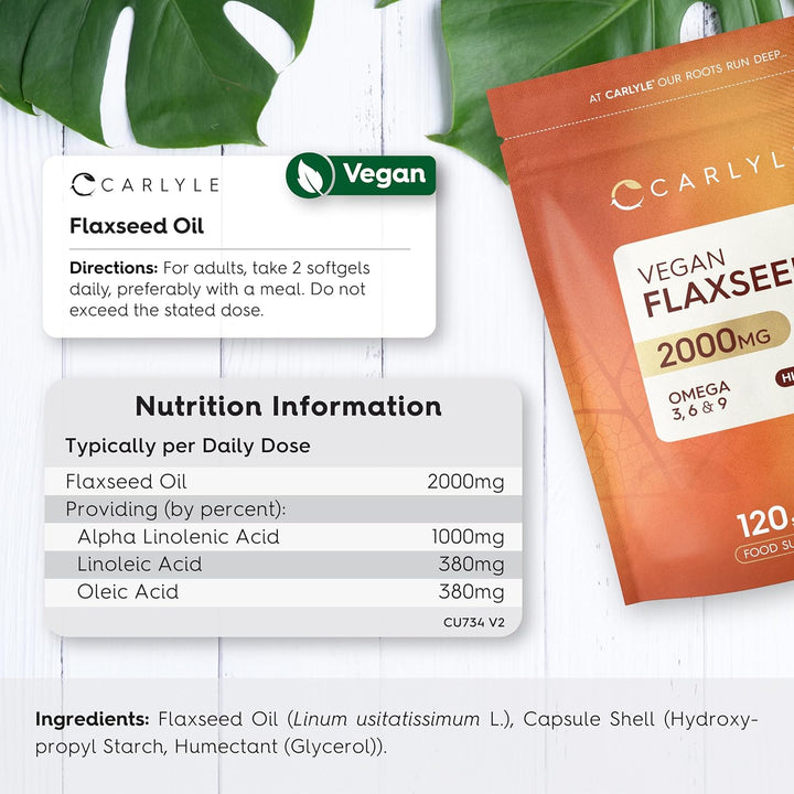 Flaxseed Oil Capsules 2000Mg | 120 Vegan Softgels | High Strength Supplement with Omega 3 6 & 9 | Cold Pressed | by