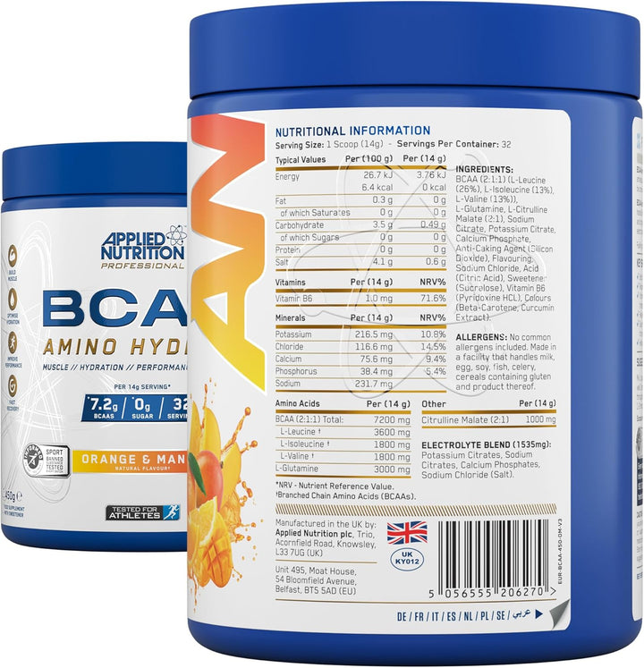 BCAA Powder - Branched Chain Amino Acids Bcaas Supplement, Amino Hydrate Intra Workout & Recovery Energy Drink (45G - 32 Servings) (Orange & Mango)