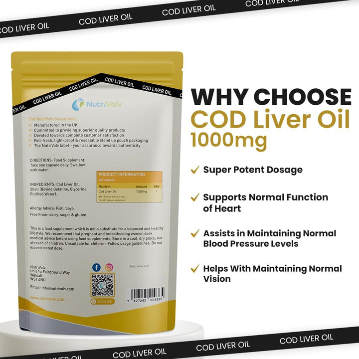 Cod Liver Oil High Strength 1000Mg Heart, Brain and Joint Healthcare Supplements, Natural Rich Source of Omega 3 Fatty Acids | 120 Capsules