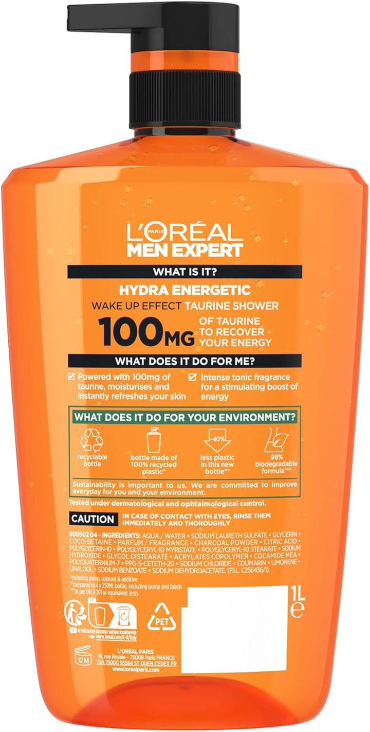 L'Oréal Men Expert Hydra Energetic 3-In-1 Shower Gel - Energizing Body, Face & Hair Wash for Men, Instant Wake-Up Effect, Invigorating & Refreshing Cleanser XXXL 1L