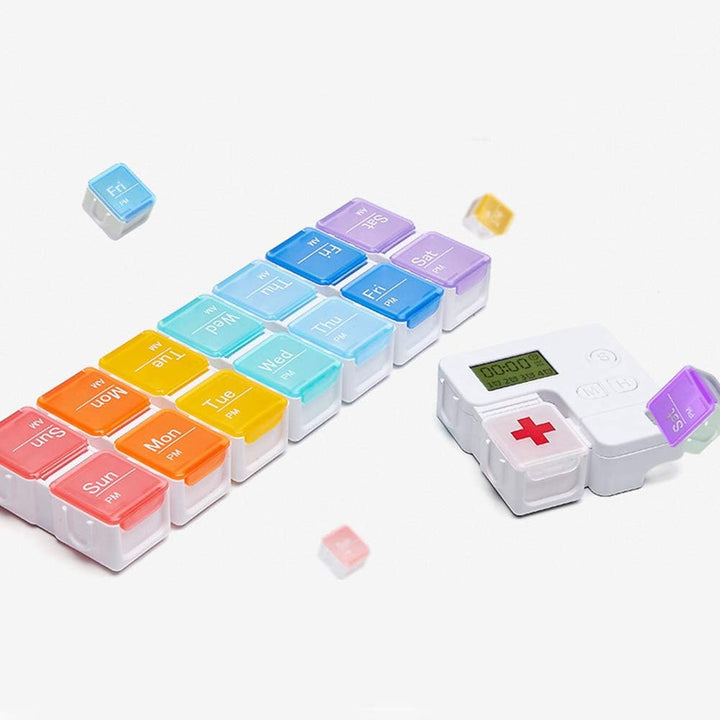 Portable Pill Box with Smart Reminder Alarm, 14 Grids Intelligent Electronic Digital Timer AM and PM Medicine Dispenser, Weakly Pill Organiser for Outdoor Travel Work