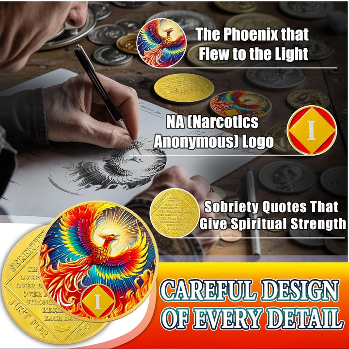 Phoenix of Light 1 Year Sobriety Coin, Phoenix One Years NA Coin, Addiction Recovery Sober Chip with Prayer - Beautifully Sobriety Gifts for Women Men - Applies to Narcotics Anonymous