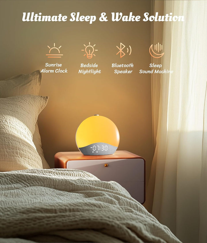 Sunrise Alarm Clock, White Noise Machine, Bluetooth Sync, 26 Sounds, 17 Night Lights, Upgraded Backlit Button, Sunrise/Sunset Simulation, Wake up Light for Heavy Sleeper, Elderly, Kid