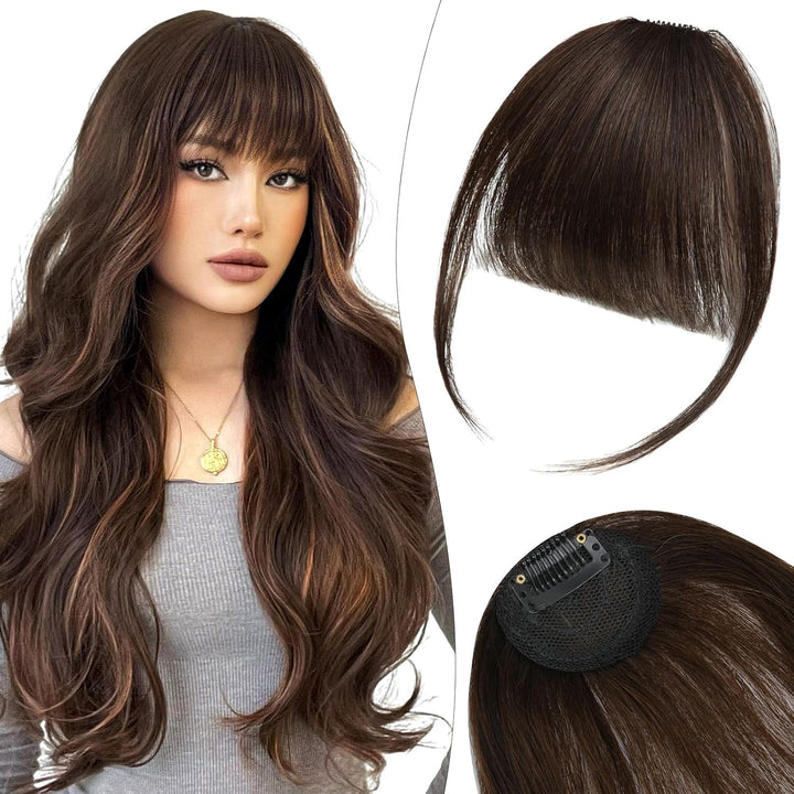Clip in Bangs, Chemical Fiber Hair Clip in Fringe Bangs, Bangs Clip in Hair Extensions, Wispy Bangs Clip with Curved Bangs, Temples Hairpieces for Women (Dark Brown)