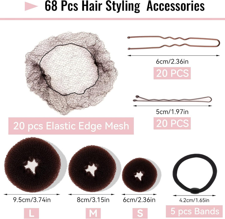 Hair Bun Net, 68PCS Easy Hair Styling Tools- Include Ballet Hair Nets, Hair Doughnut, U Shaped Hair Pins, Bobby Pins and Hair Bands, Hair Bun Maker, Brown Bun Rings for Women Girls Hair Accessories