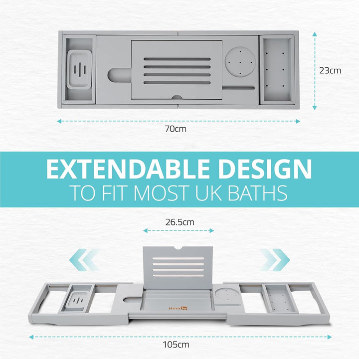 Bamboo Bath Tray - Extendable Bath Caddy - Natural Wooden Bathtub Tray with Candle, Wine Glass, Book Rest, Ipad & Phone Holder Stand - Luxury Bathtub Accessories - Bath Accessories (Grey)