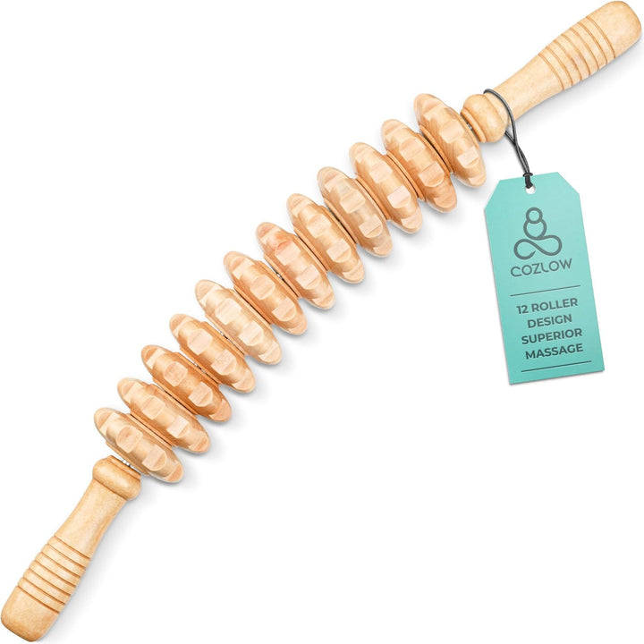 Wooden Massage Roller Stick - 12 Rollers - Curved Wood Therapy Massage Tool for Body Sculpting, Fascia Release and Lymphatic Drainage - by
