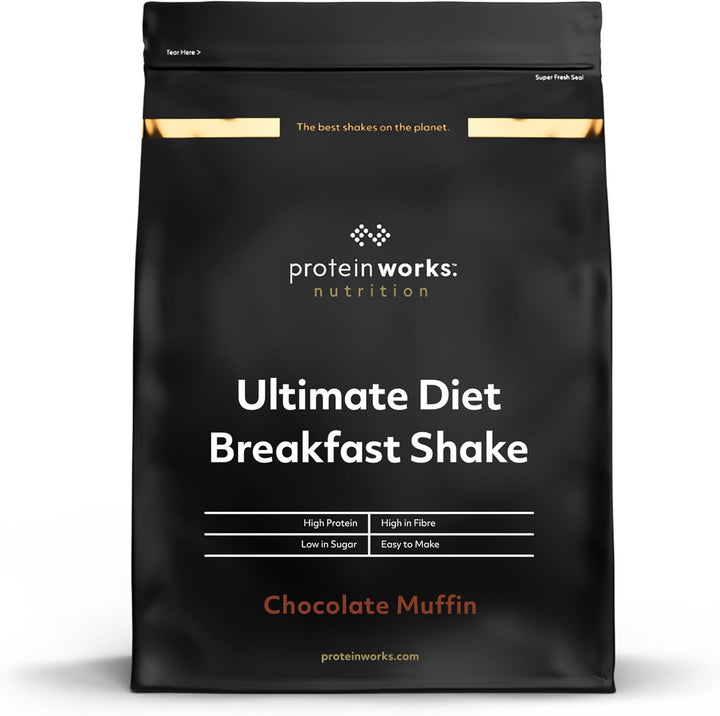 Protein Works - Ultimate Diet Breakfast Shake, On-The-Go Healthy Weight Loss Meal Replacement, Added Caffeine, Low Calorie, Low Sugar, Banana Cake, 9 Servings, 500G