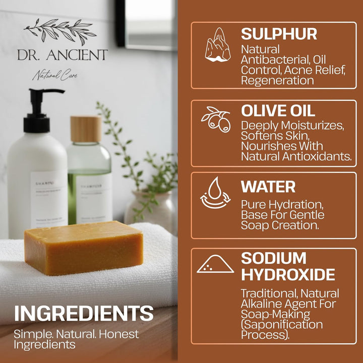 Sulphur Soap Bar, Best Sulfur Soap for Acne, Traditional Soaps for Oily Skin & Hair, anti Bacterial Sulfur Acne Treatment, Organic, Vegan, Pure Natural Handmade Acne Soaps